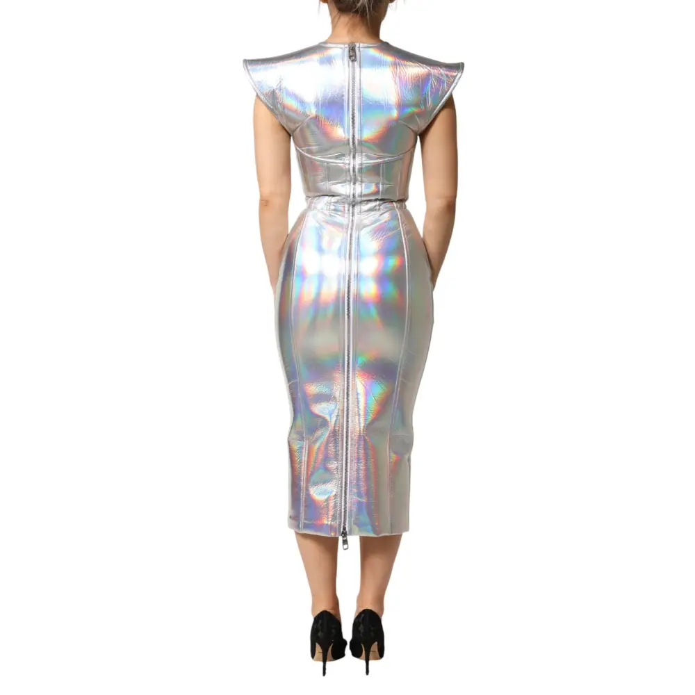 Dolce & Gabbana sølv iridescerende bodycon midi kjole med holografisk effekt og cape-skrånter