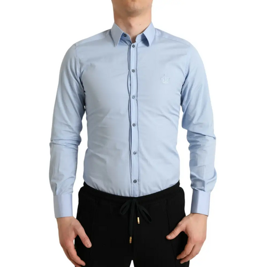 Sky blue cotton Dolce & Gabbana formal gold dress shirt with embroidered logo