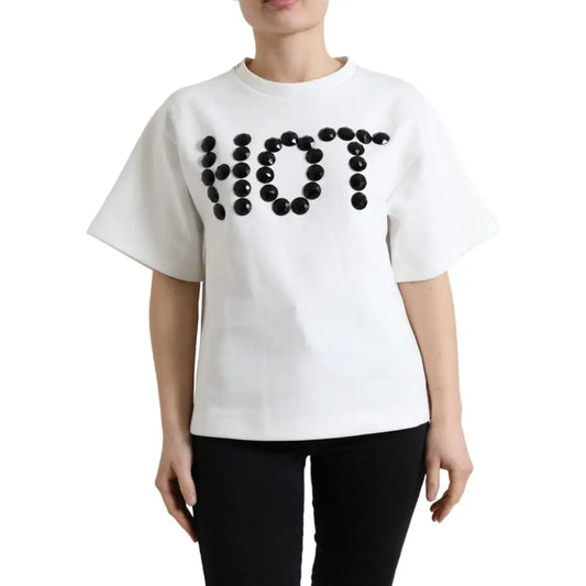 Dolce & Gabbana T-shirt Hvid Bomuld Stretch Sort HOT Crystal