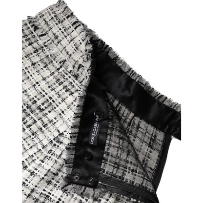 Dolce & Gabbana white black high waist tartan tweed mini skirt with frayed hem