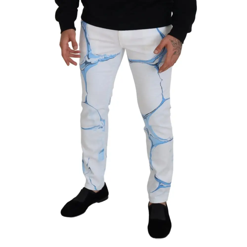 Dolce & Gabbana white blue denim cotton jeans med blå marmormønster