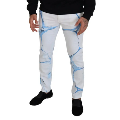 Dolce & Gabbana white blue denim cotton jeans med blå marmormønster