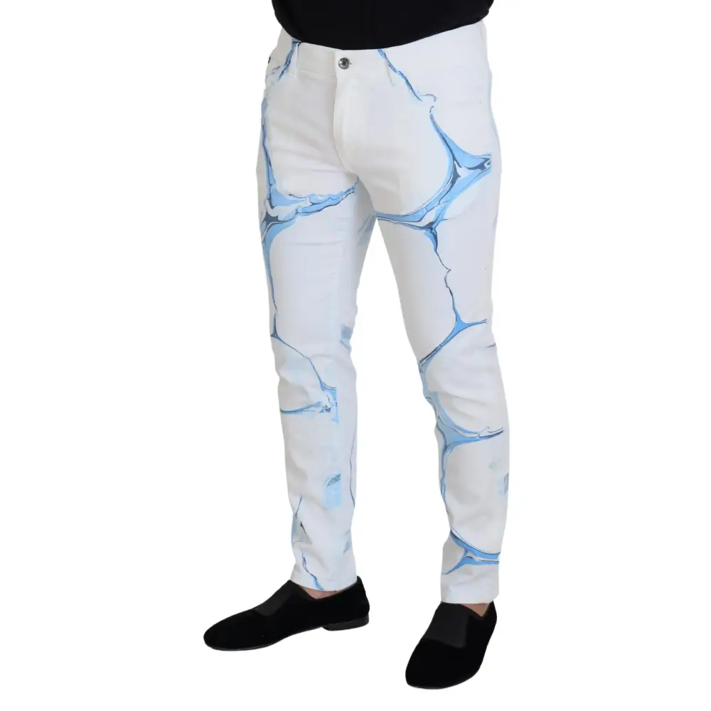 Dolce & Gabbana white blue denim cotton skinny fit jeans with blue marble pattern