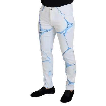 Dolce & Gabbana white blue denim cotton skinny fit jeans with blue marble pattern