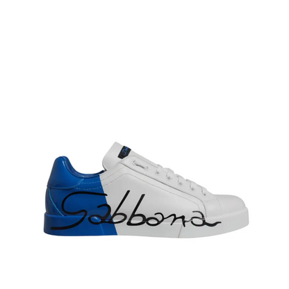 Dolce & Gabbana white blue leather logo low-top sneaker with bold blue heel