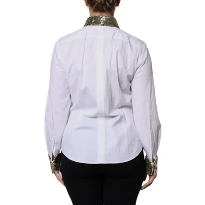 Dolce & Gabbana White Cotton Long Sleeves Sequin Shirt Top - Skjorte