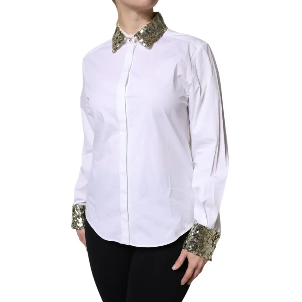 Dolce & Gabbana White Cotton Long Sleeves Sequin Shirt Top - Skjorte
