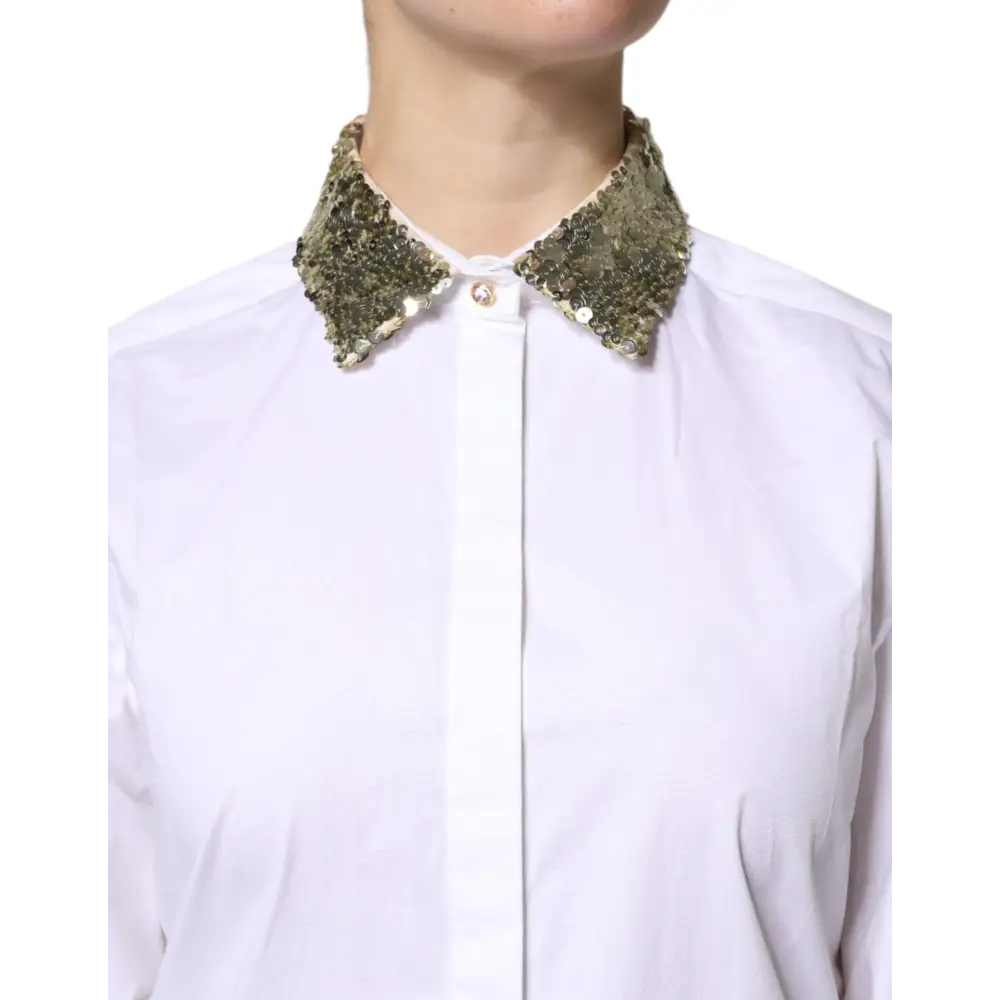 Dolce & Gabbana White Cotton Long Sleeves Sequin Shirt Top - Skjorte