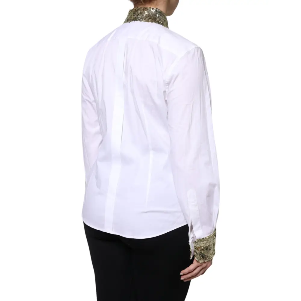 Dolce & Gabbana White Cotton Long Sleeves Sequin Shirt Top - Skjorte