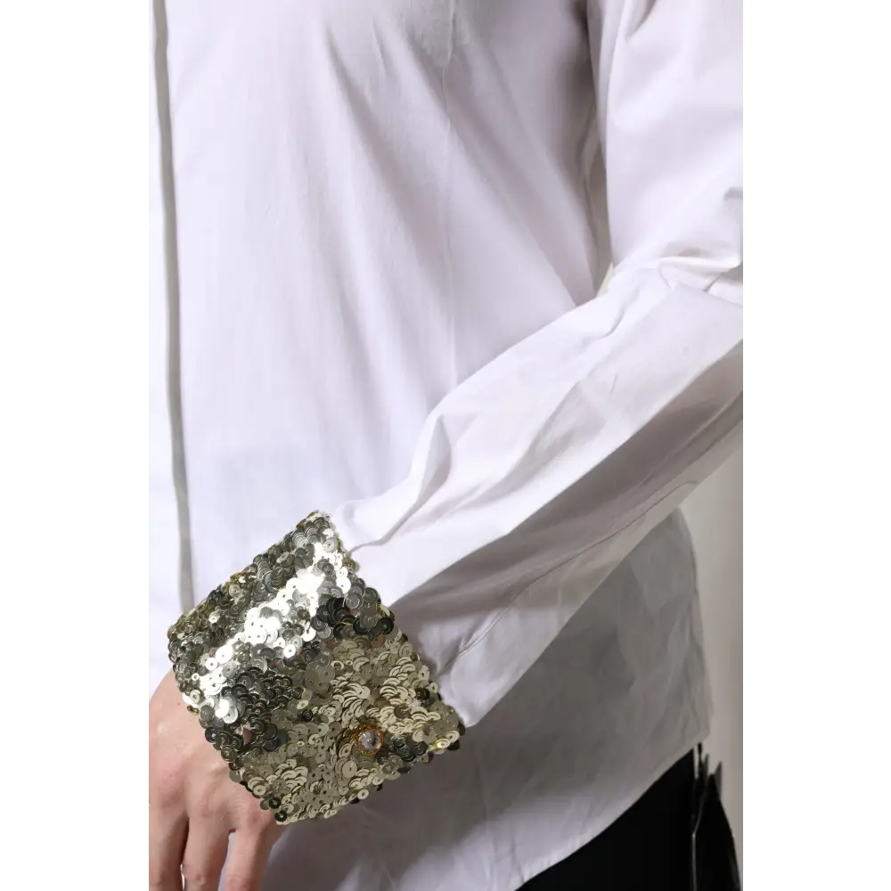 Dolce & Gabbana White Cotton Long Sleeves Sequin Shirt Top - Skjorte