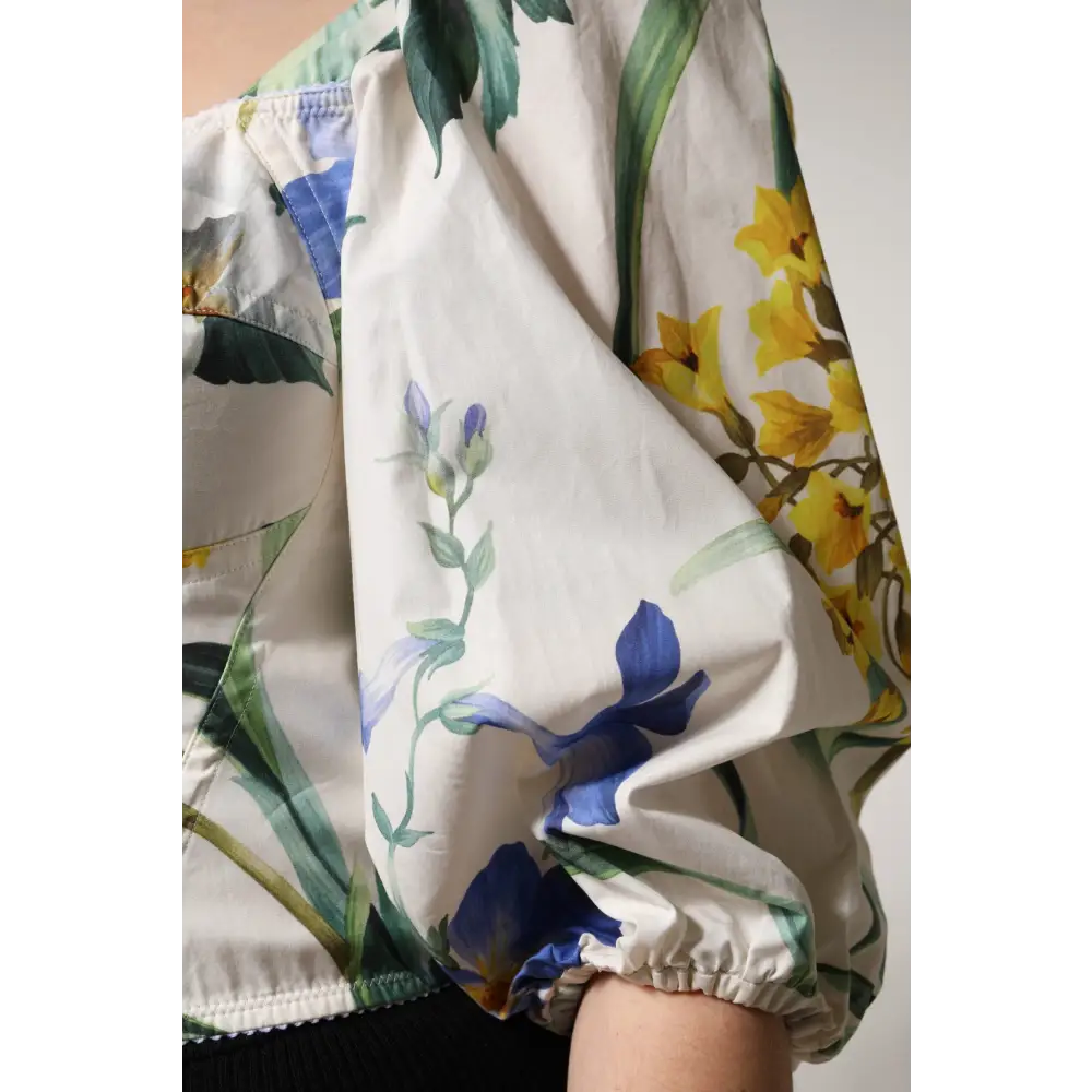 Dolce & Gabbana White Floral Puff Sleeves Crop Blouse Top - Bluser