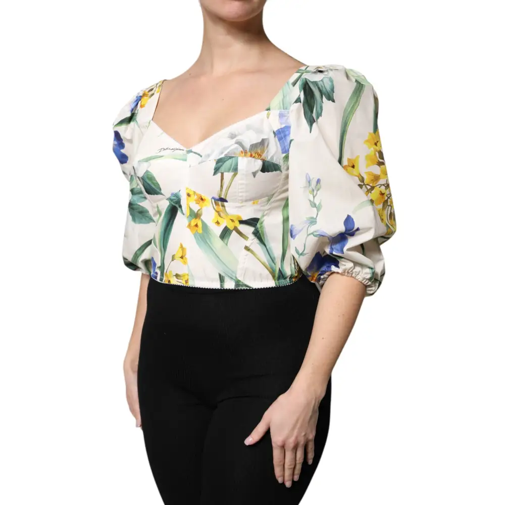 Dolce & Gabbana White Floral Puff Sleeves Crop Blouse Top - Bluser