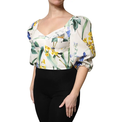 Dolce & Gabbana White Floral Puff Sleeves Crop Blouse Top - Bluser