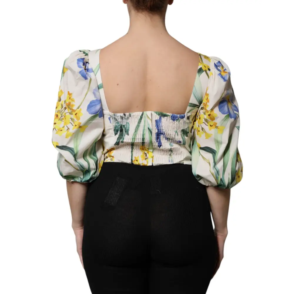 Dolce & Gabbana White Floral Puff Sleeves Crop Blouse Top - Bluser