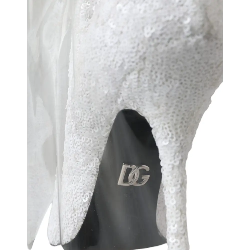 Dolce & Gabbana hvidt pailletteret kjole med sort for og sølv-logo