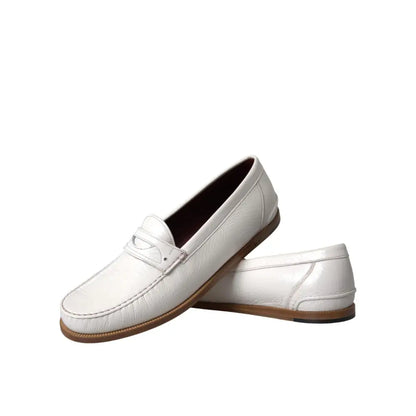 Dolce & Gabbana White Leather Slip On Mocassin Loafers Shoes