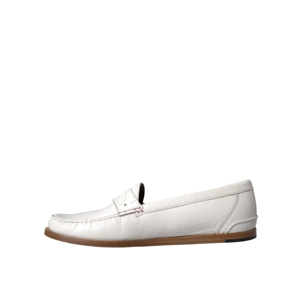 Dolce & Gabbana White Leather Slip On Mocassin Loafers Shoes