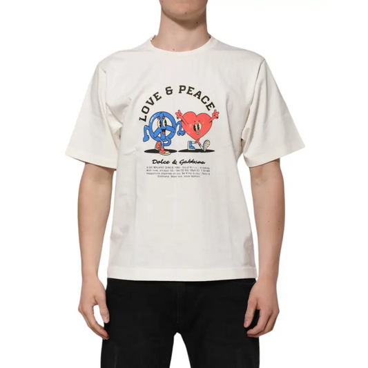 Dolce & Gabbana White Love Peace Cotton Men Crew Neck T-shirt - T-shirts