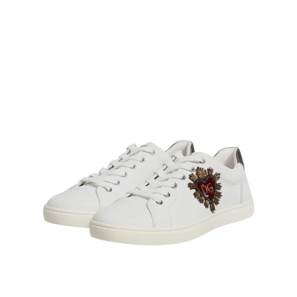 Dolce & Gabbana white sacred heart sneakers with red embroidered heart and gold dg logo