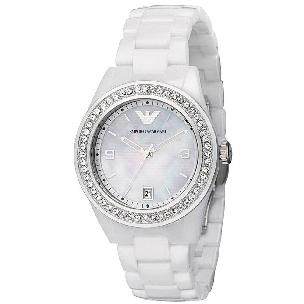 Emporio Armani Ceramica AR1426 dameur i hvid keramik med lys perlemorsurskive