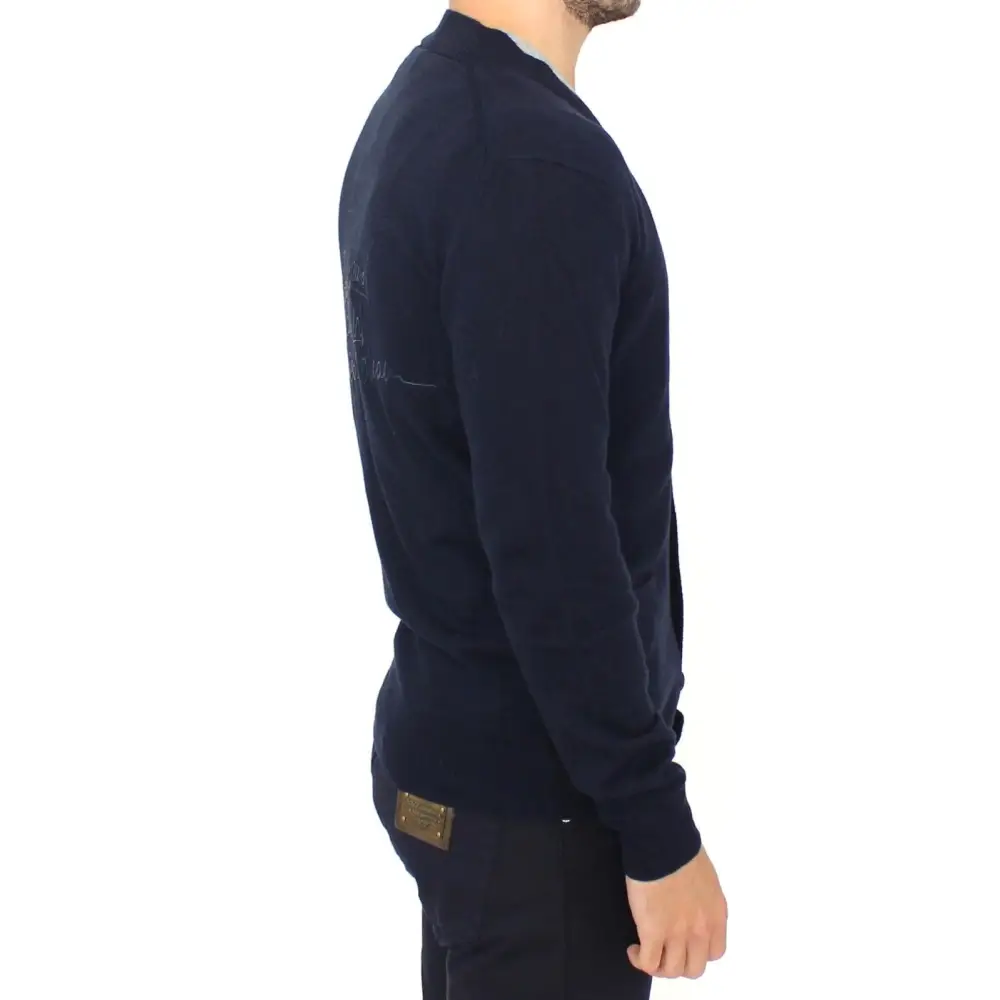 Ermanno Scervino cashmere cardigan i marineblå uld med broderi og guld-logo