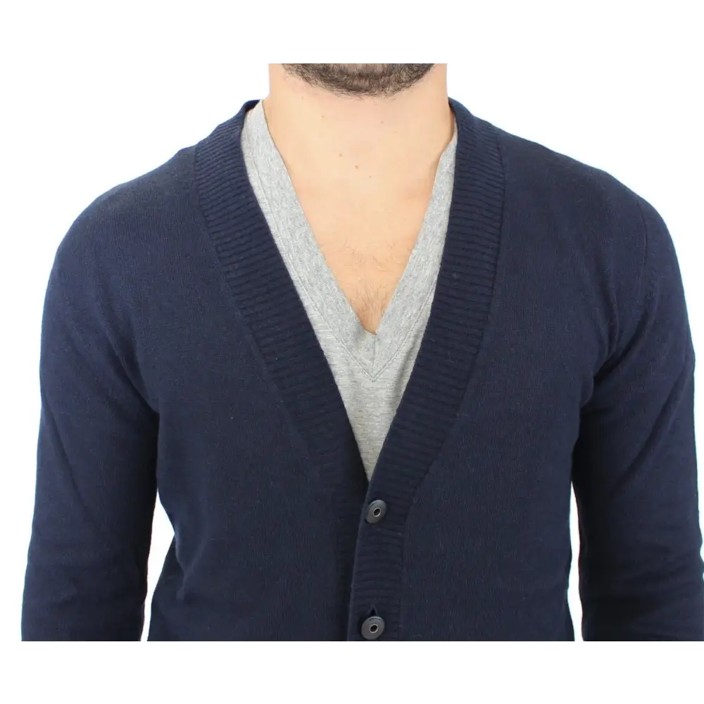 Ermanno Scervino cashmere cardigan i marineblå rib-strik med sorte knapper