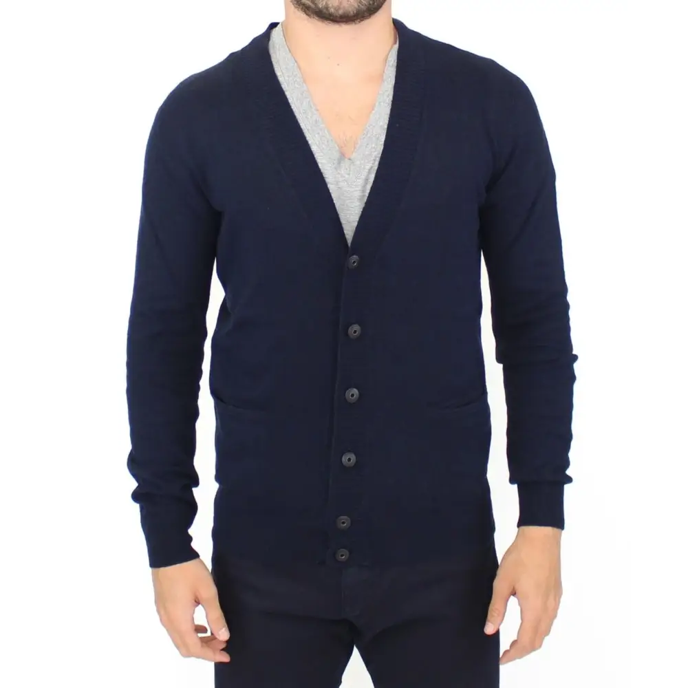 Ermanno Scervino cashmere cardigan i marineblå uld med sorte knapper og lommer