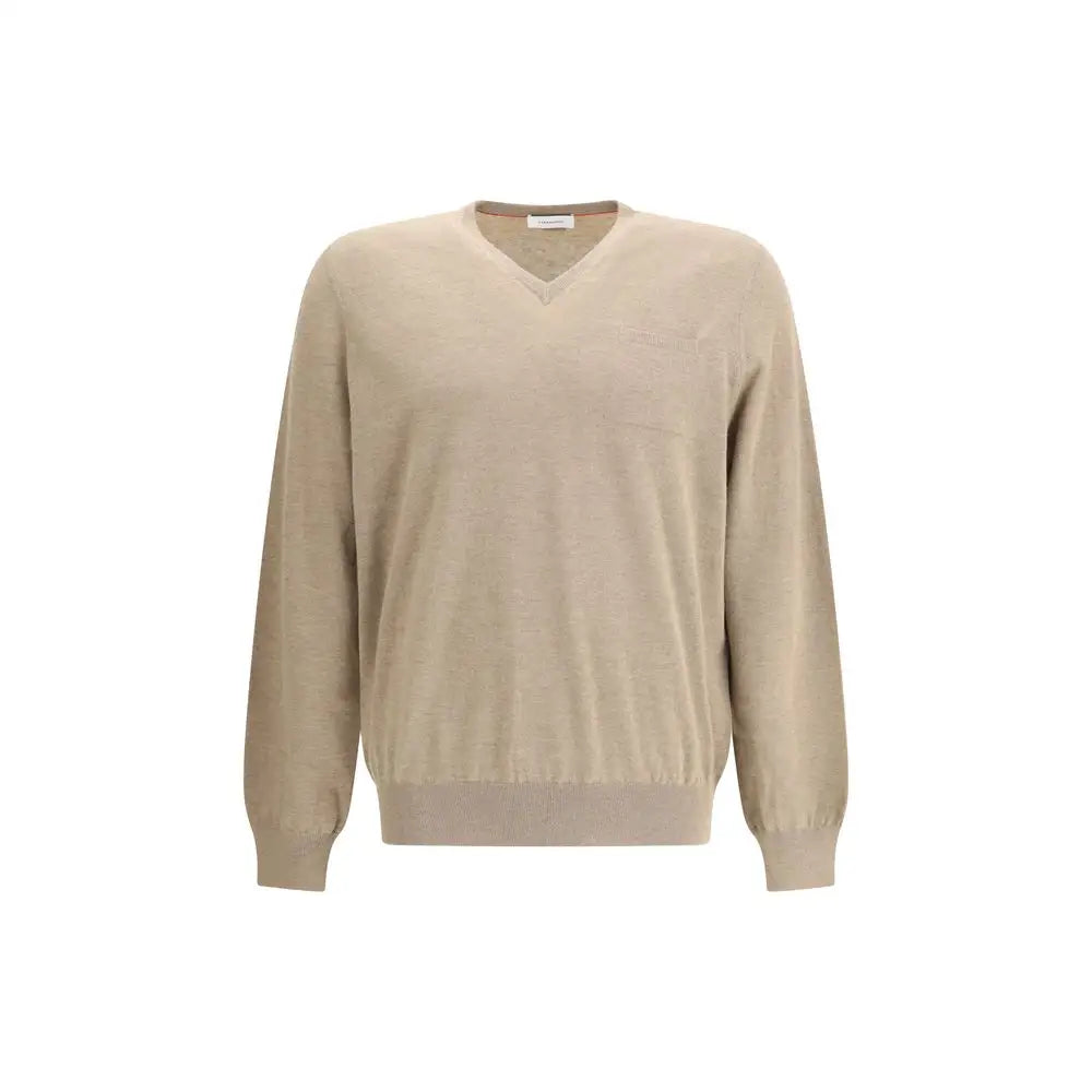 Ferragamo beige fleece wool sweatshirt med V-hals og ribbet tekstur