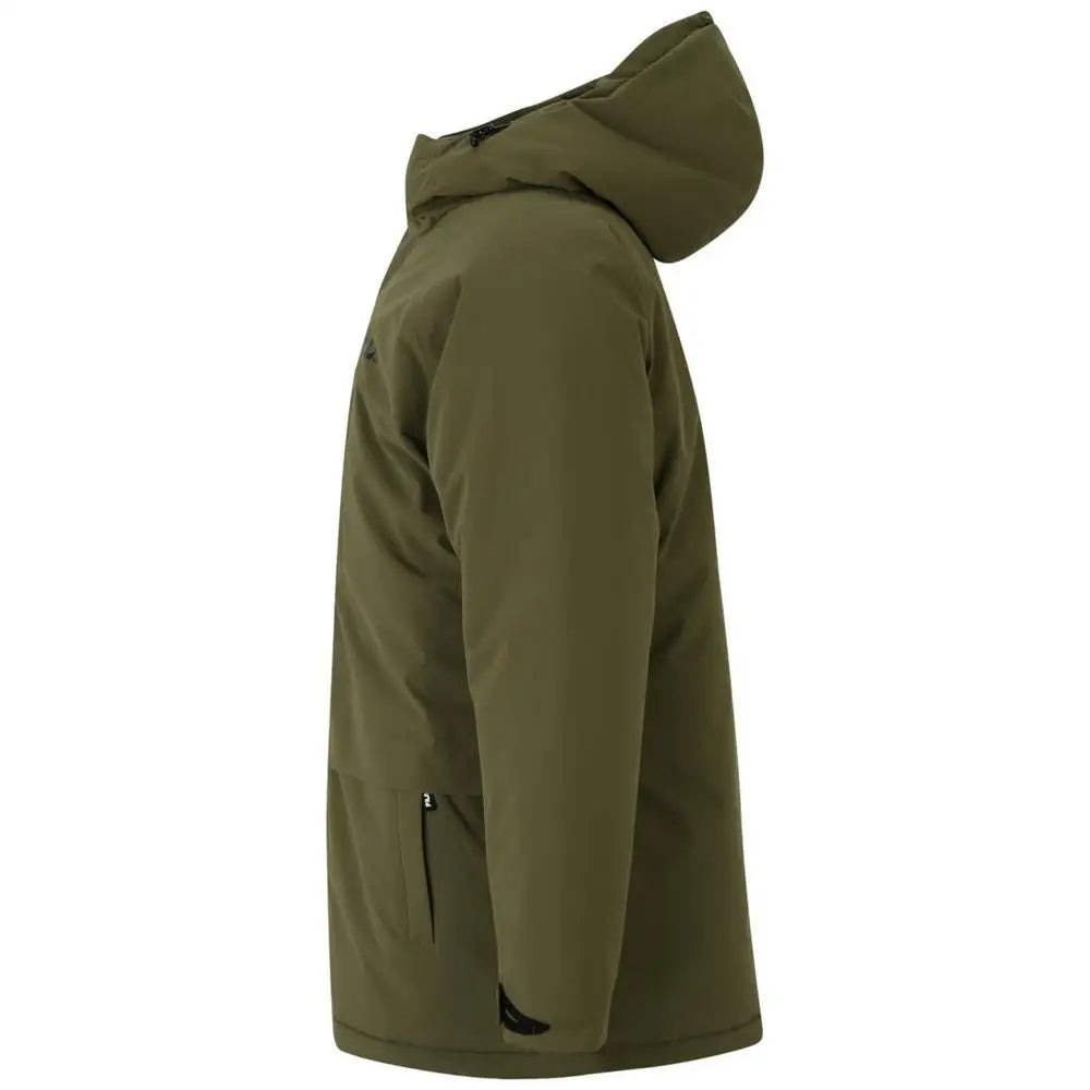 Fila green polyester parka: olive green insulated hooded jacket with sleek design and black zipper accents