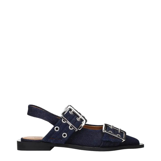 Ganni blue fabric flat sandals in navy denim with silver buckle straps