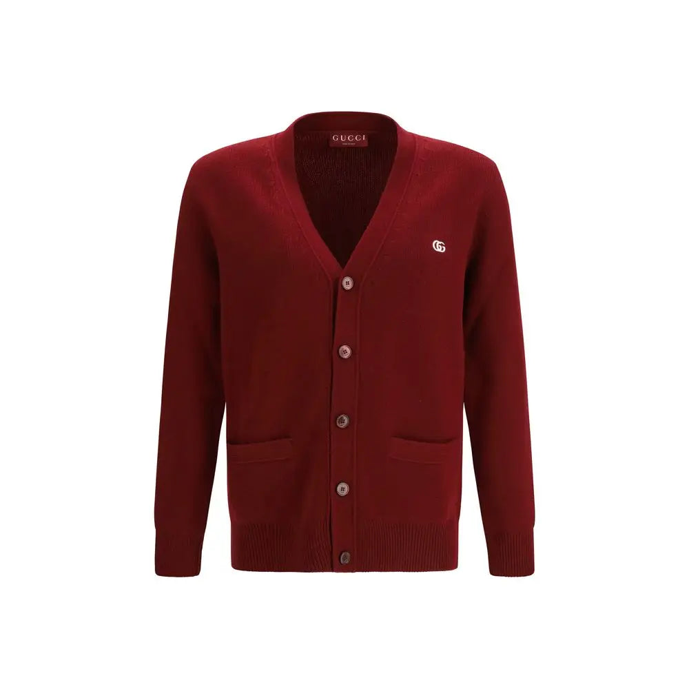 Elegant Gucci Bordeaux wool cardigan with V-neck and embroidered logo