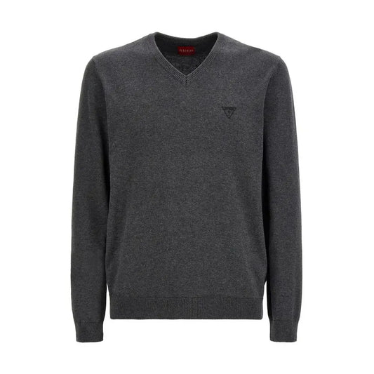 Mørkegrå heathered V-hals sweater med logo fra Guess, outlet mærkevarer, spar 30-70%