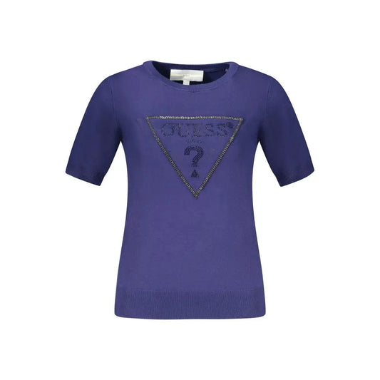 Lilla Guess strikketop med rhinesten-logo, blå viscose women sweater