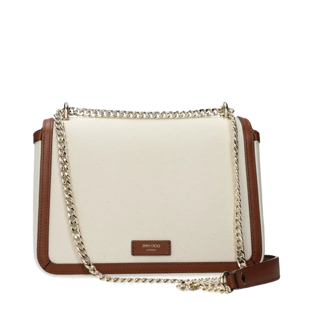 Jimmy Choo beige fabric crossbody bag med brunt læder og sølvkæde