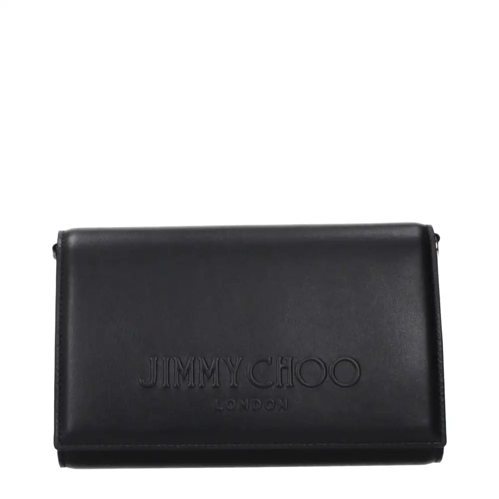 Jimmy Choo sort læderclutch med præget branding i outlet mærkevarer