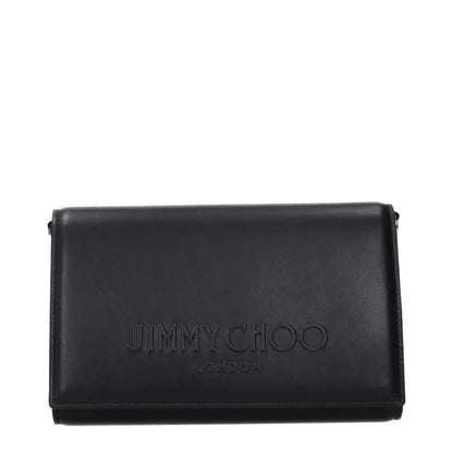 Jimmy Choo sort læderclutch med præget branding i outlet mærkevarer