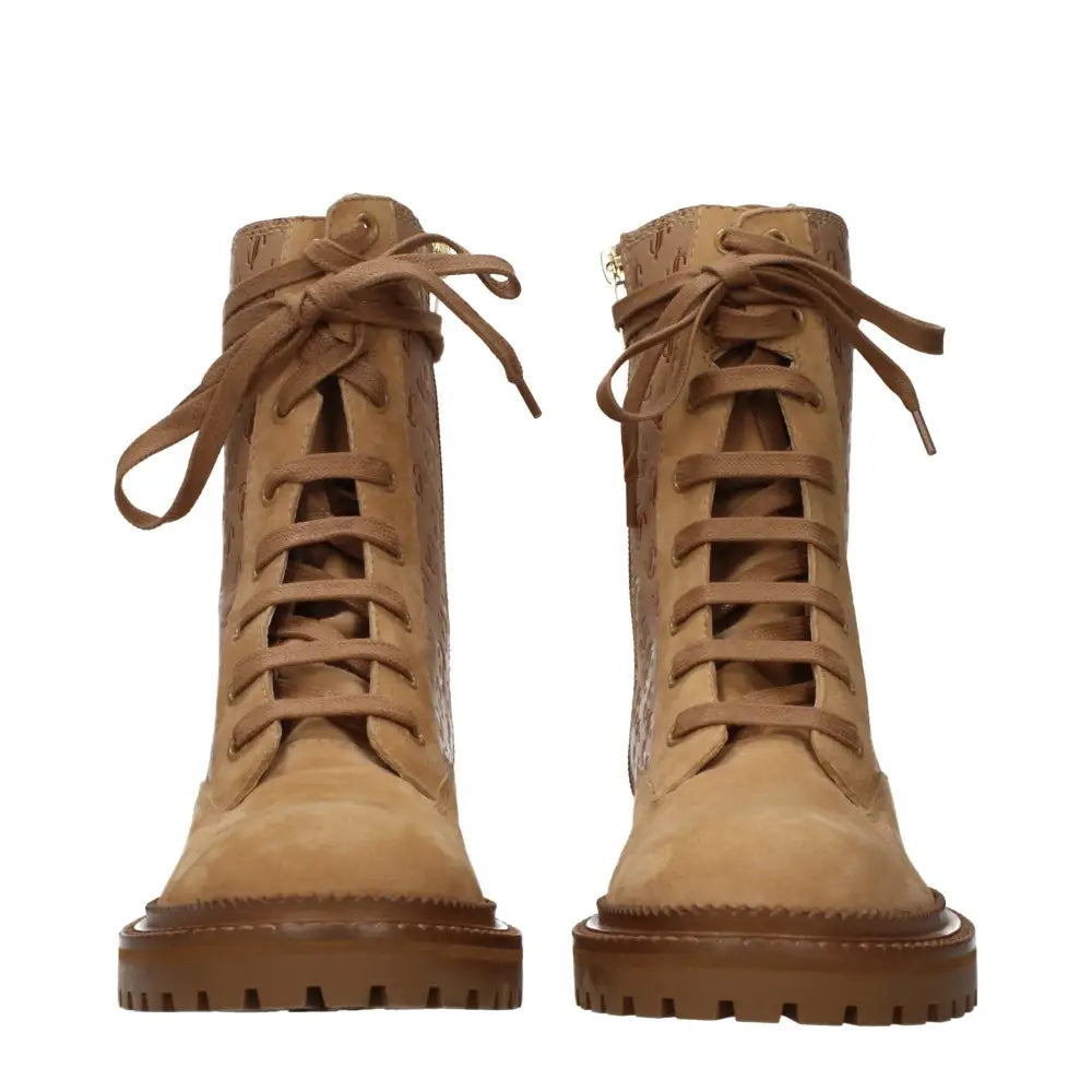 Jimmy choos brune tan suede lace-up combat boots med chunky gummisål