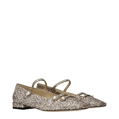 Jimmy Choo pink plastic ballet flats with sparkling gold glitter, pearl accents and delicate strap