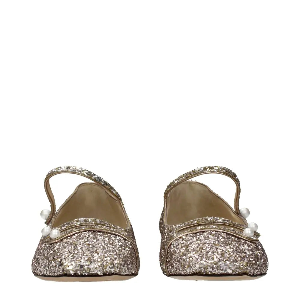 Jimmy Choo pink plastic ballet flats med glitterende guldflade sko, perlepynt og delikat strop