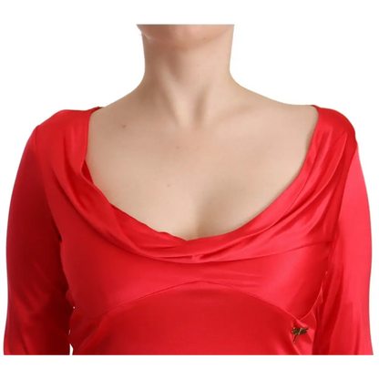 John Galliano Red Viscose 3/4 Sleeves Deep Round Neck Sheath Dress - IT42/M