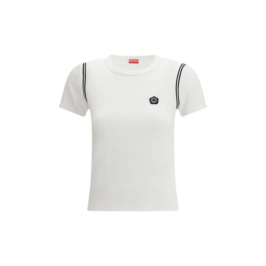 Kenzo hvid bomuldst-shirt med sorte striber og logo. Spar 30-70% på mode