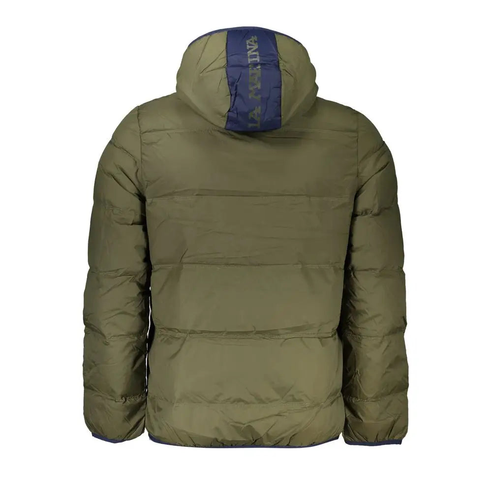 Elegant green hooded jacket with La Martinas navy blue hood panel and logo