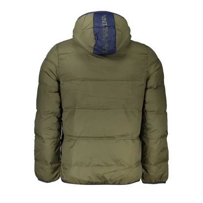 Elegant green hooded jacket with La Martinas navy blue hood panel and logo