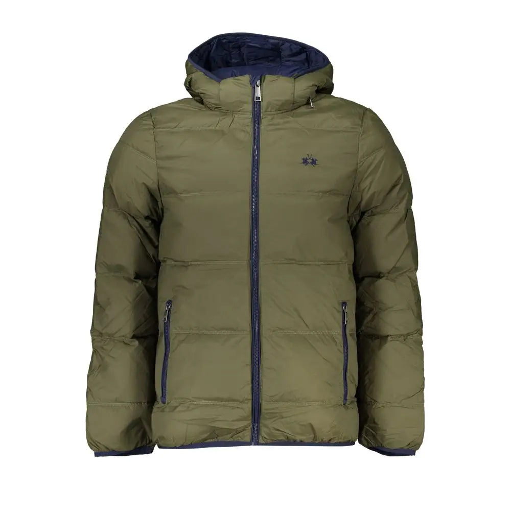 La Martinas elegant green hooded jacket i olivengrøn med navy inderside