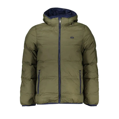 La Martinas elegant green hooded jacket i olivengrøn med navy inderside
