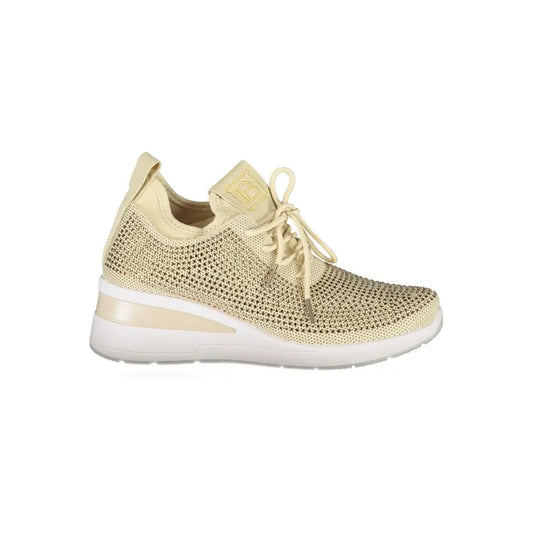 Laura Biagiotti beige polyester sneakers med hvid sål og guld logo