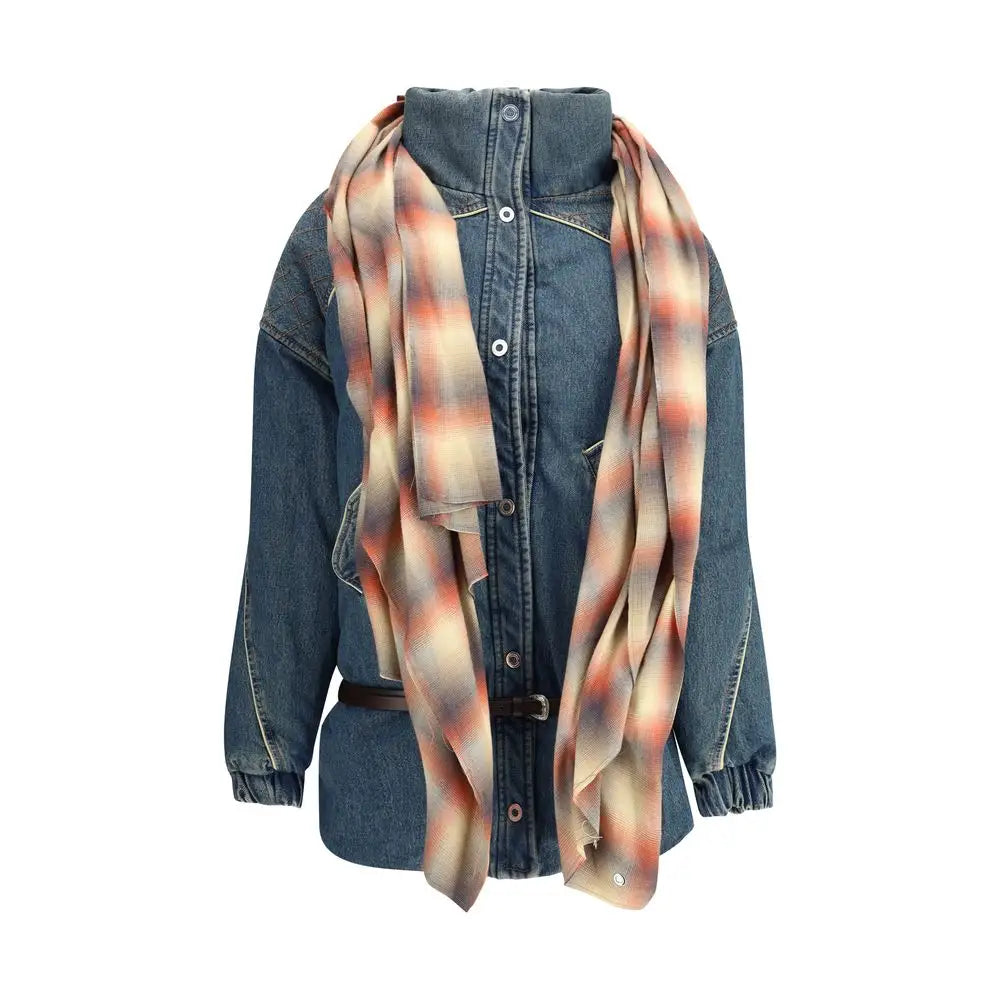Elegant MARBELL Amy Denim Jacket with soft peach-beige gradient plaid scarf draped over shoulders