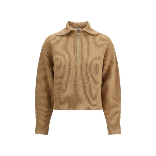 Max Mara brun uldsweater med ribkrave og halv lynlås