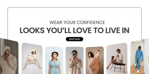 Et minimalistisk hvid rektangulært banner med afrundede hjørner, der har fed sort tekst, der lyder 'bær din selvtillid' og 'looks du vil elske at leve i', centreret over en slank sort oval knap mærket 'shop nu'.