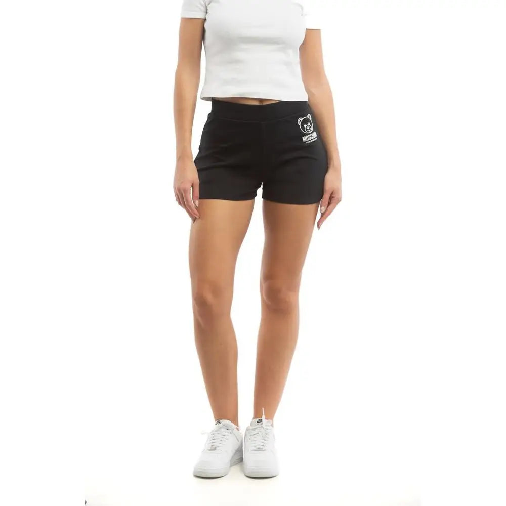 Moschino black cotton shorts with white bear logo on thigh